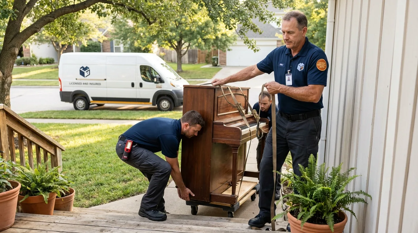 Licensed piano movers securing grand piano in East Haddam, CT