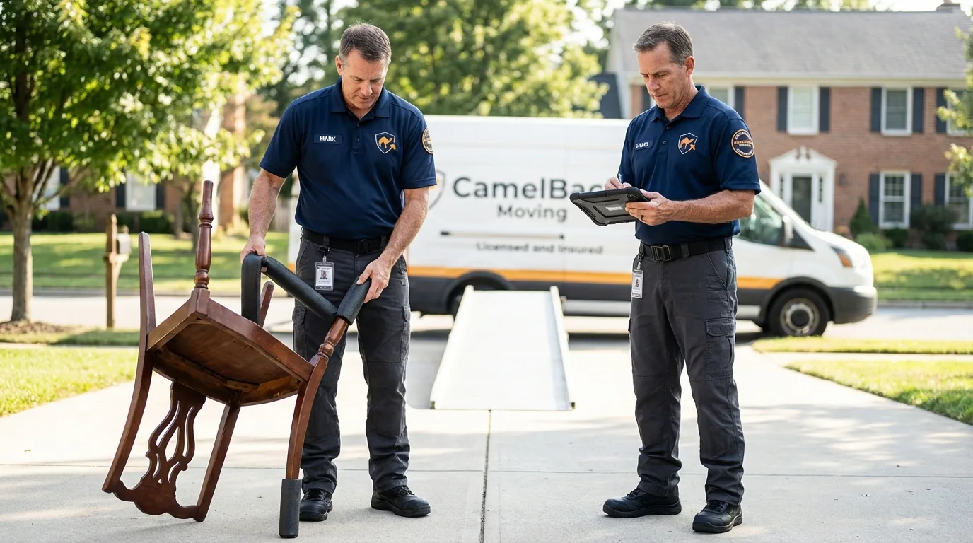 Movers inspecting furniture for damage prevention before loading in East Haddam, CT