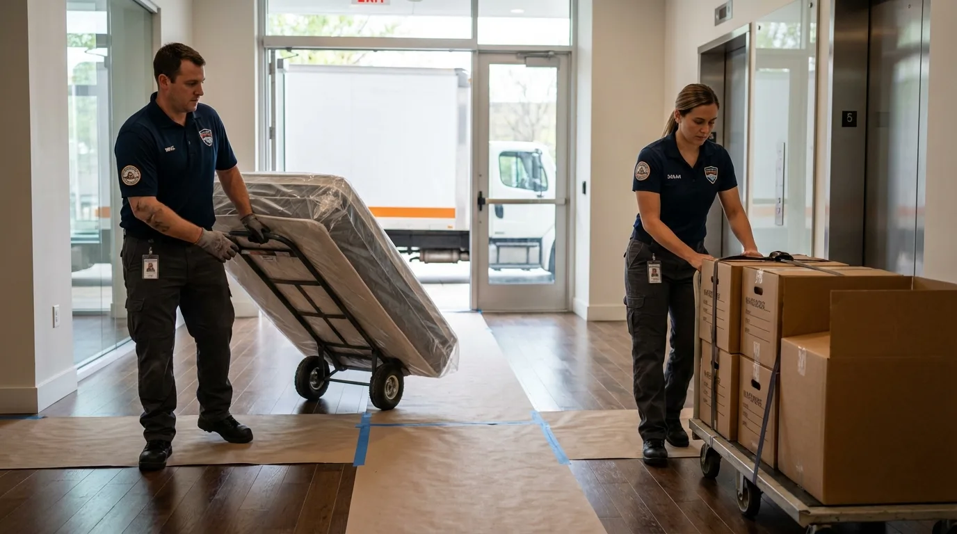 Professional apartment movers loading elevator in East Haddam, CT