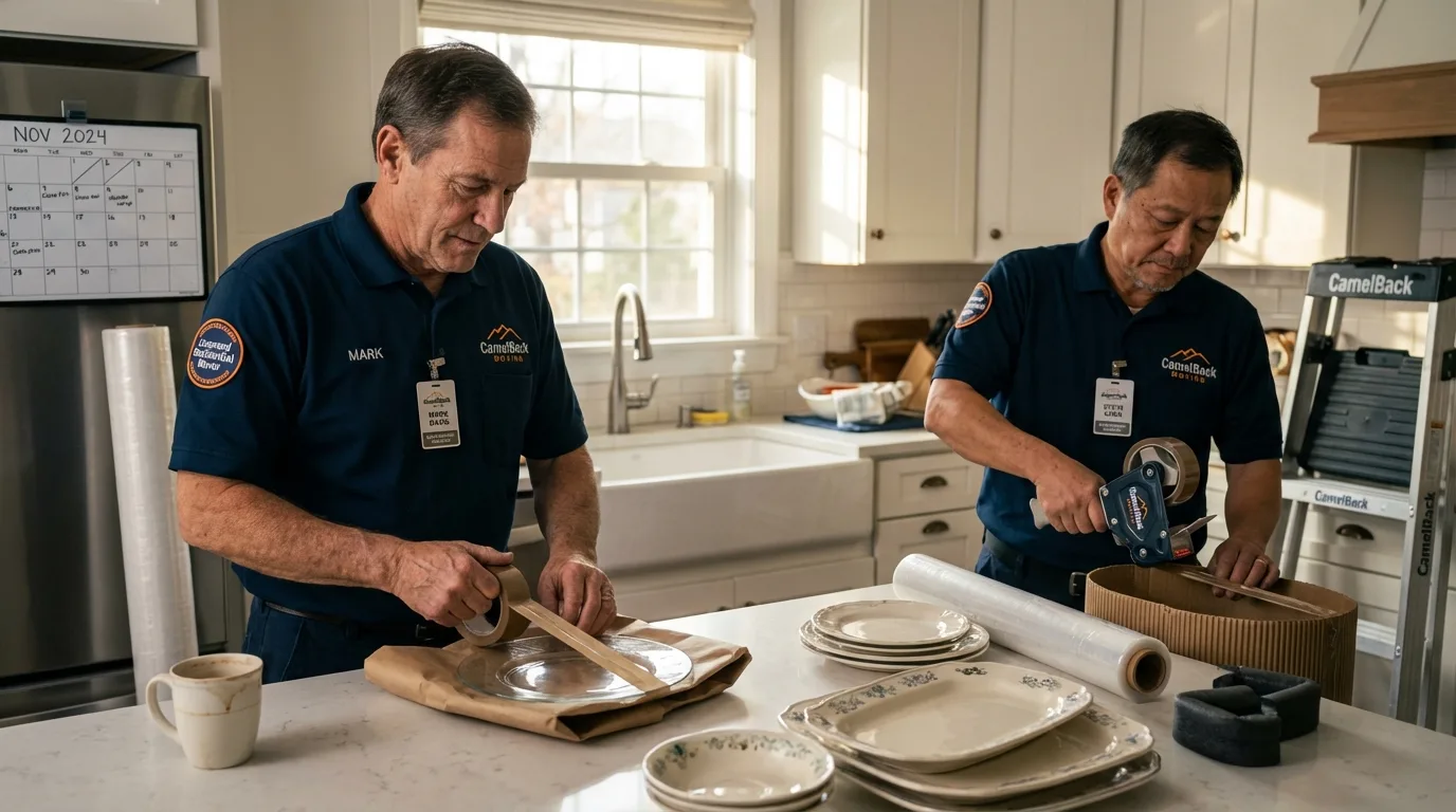Professional crew packing kitchen dishware in East Haddam, CT